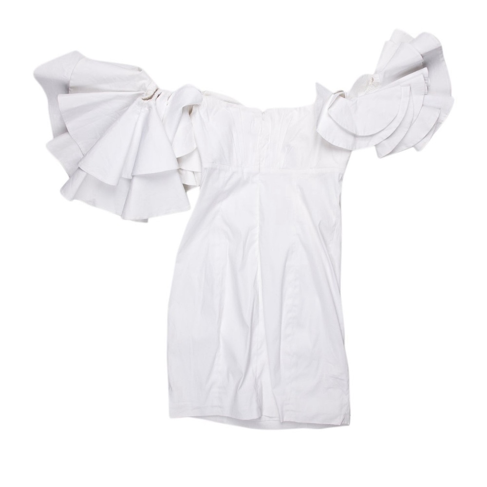XS White Mini Dress with Ruffled Off the Shoulder Sleeves by Caroline Constas